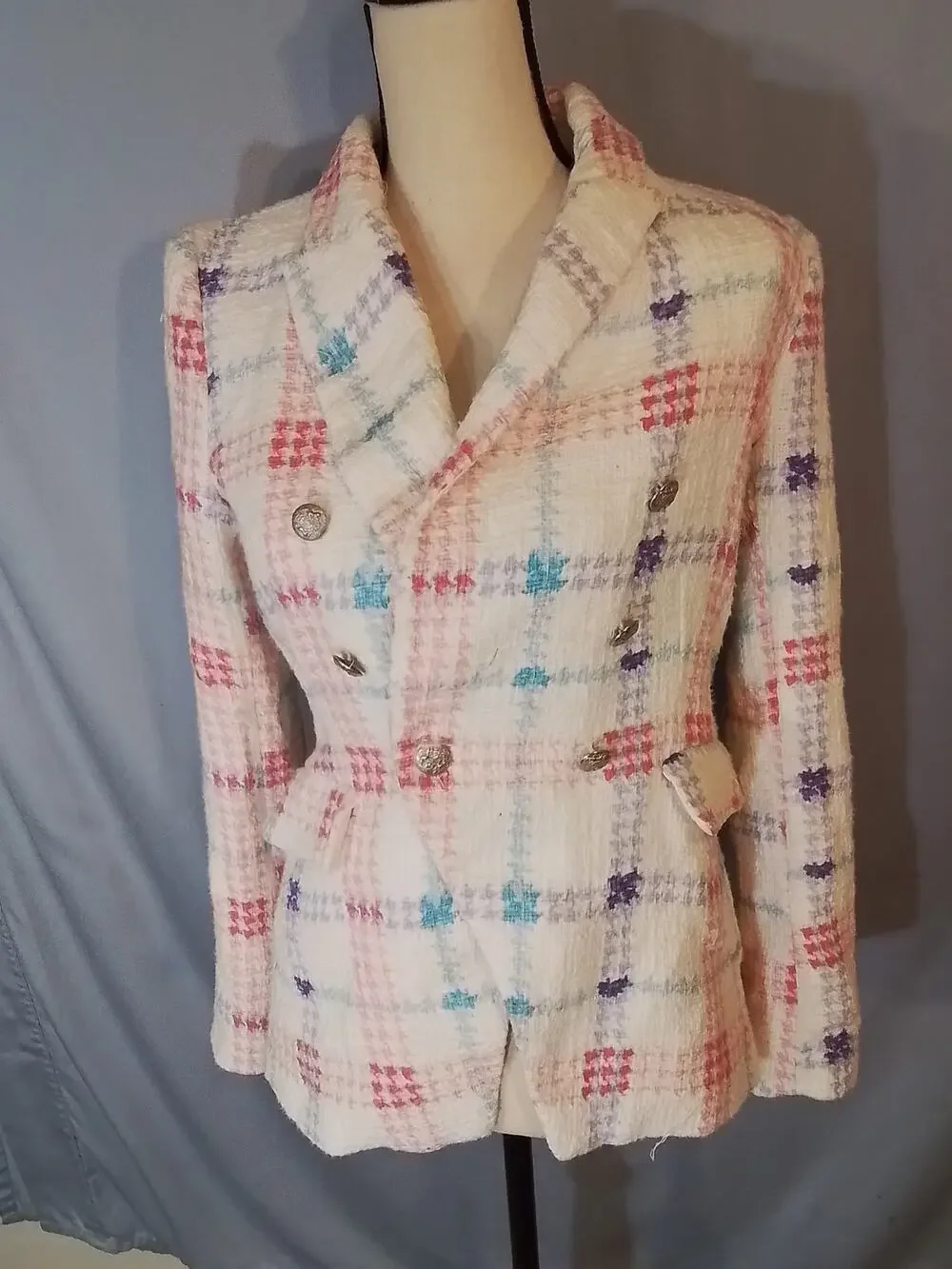 Maison d'Amelie white tweed jacket, plaid